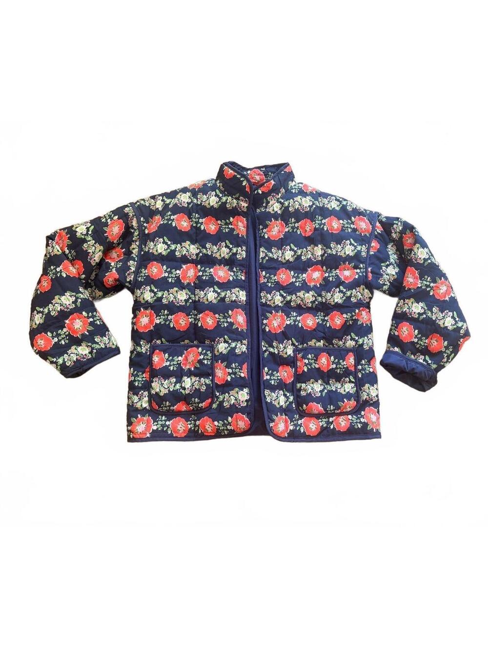 Navy Floral Quilted Jacket Red Rose Print Cottagecore Boho Lightweight Women's M